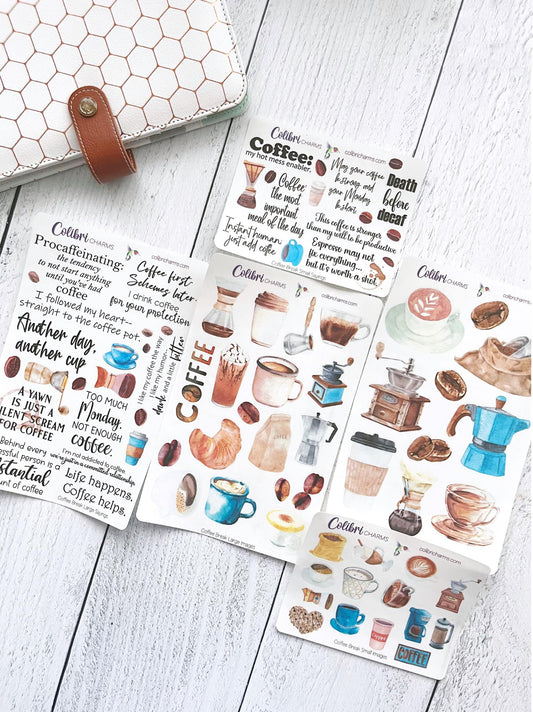 Coffee Break Planner Stickers, Caffeine Lover Deco Stickers, Handpainted Deco, Latte Planner Sticker Kit, Seasonal Planner Stickers