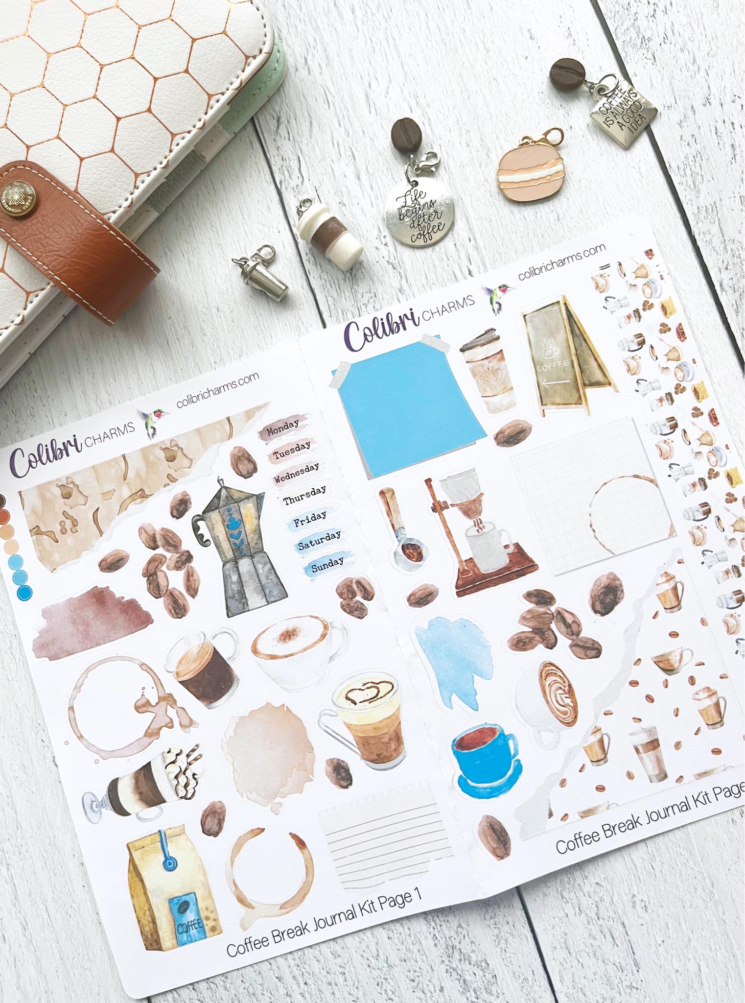Sheet of coffee-themed stickers with aqua accents, including washy stickers, journal, spots, days of the week, torn paper corners, and decorative images, all hand painted.