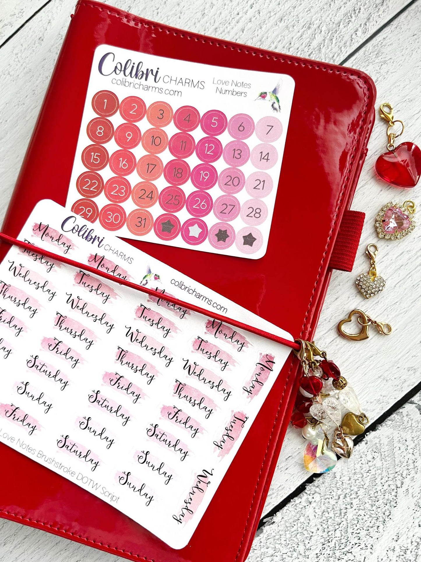Love Notes Brushstroke Days of the Week Planner Stickers, Pink Valentine Watercolor DOTW, Number Stickers, Date Dots