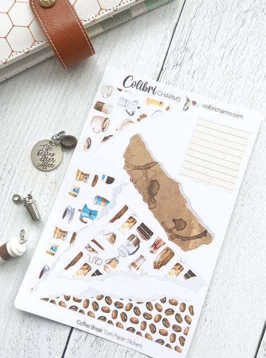 Coffee Break Torn Paper Stickers, Caffeine Deco Planner Stickers, Distressed Ripped Paper