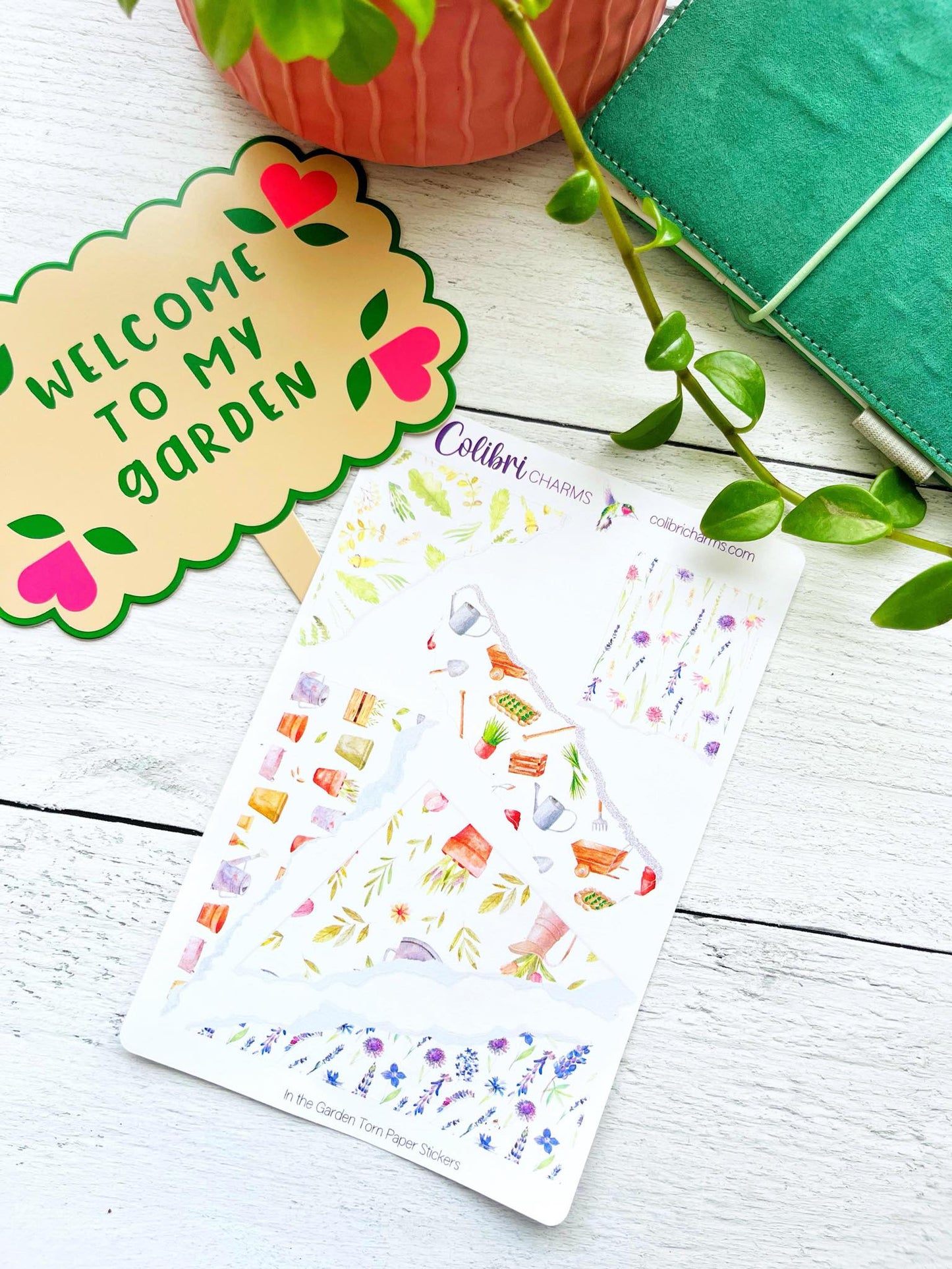 In the Garden Torn Paper Stickers, Gardening Deco Planner Stickers, Distressed Ripped Paper