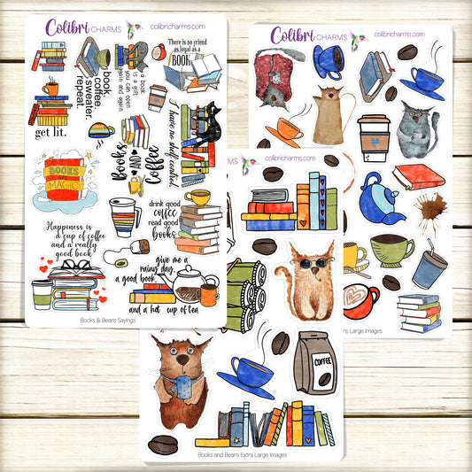Reading Journal Stickers, Books & Beans Planner Stickers,  Coffee and Cats Planner Sticker Kit, Seasonal Planner Stickers
