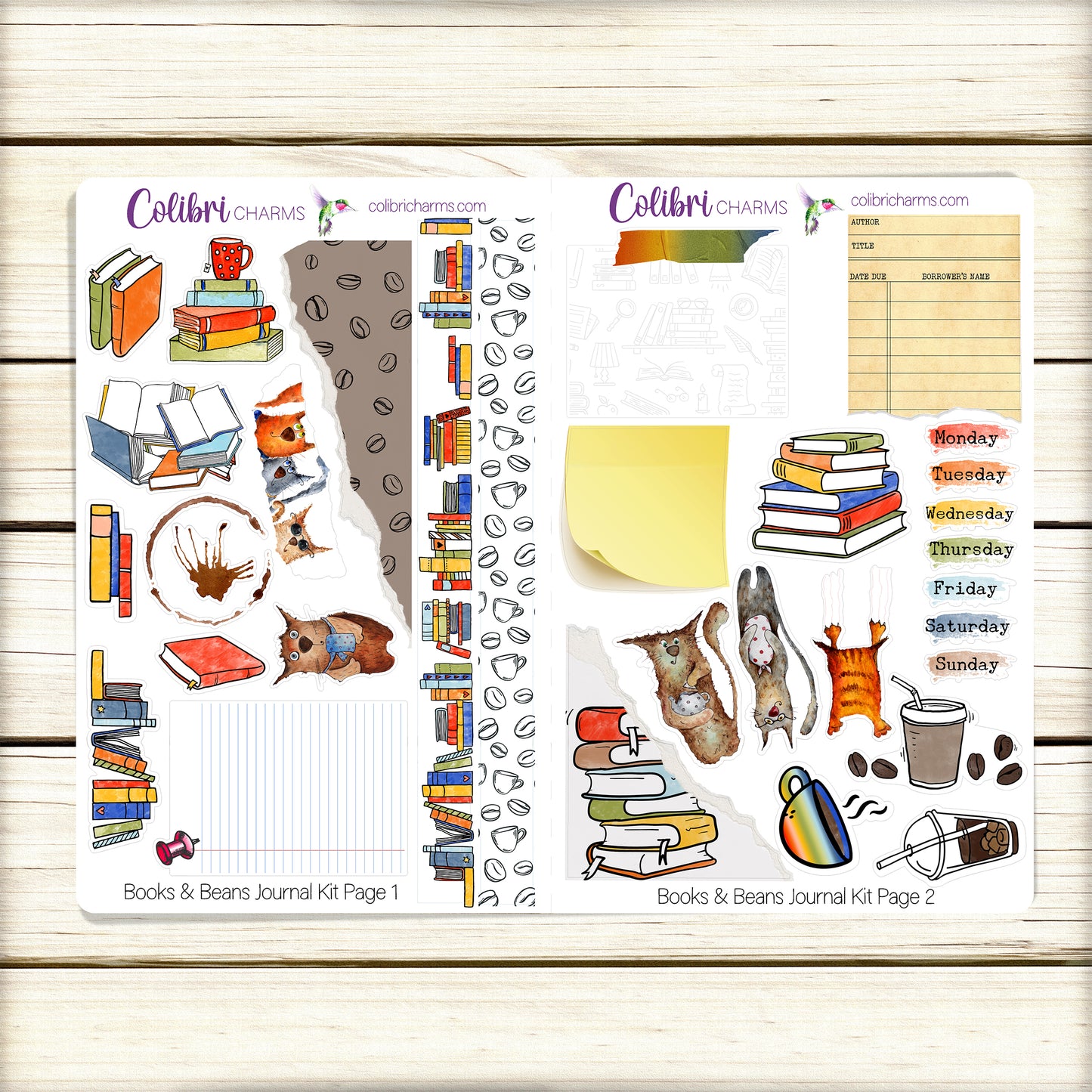 Books & Beans Journal Kit | Avid Reader Planner Decor | Coffee Lover Stickers | Cat Fancier Planner Stickers | Bullet | Bujo
