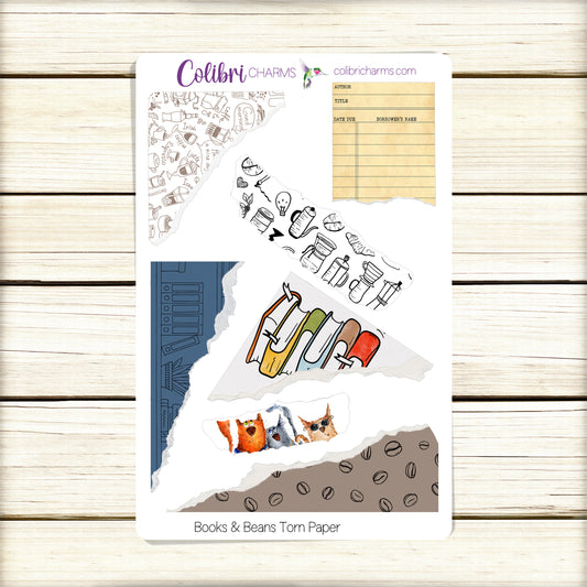 Books & Beans Torn Paper Stickers | Avid Reader | Coffee Lovers Planner Stickers | Cat Lover Planner Stickers | Ripped Paper