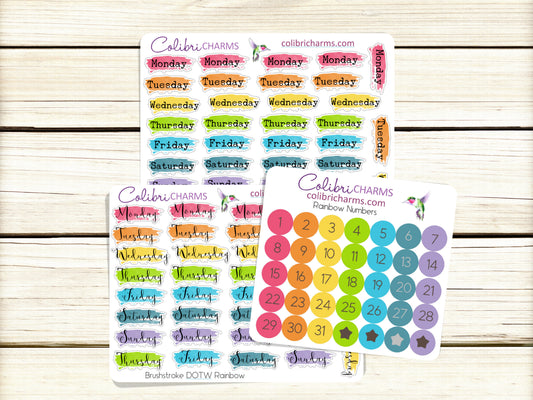 Brushstroke Days of the Week Planner Stickers in Rainbow | Watercolor DOTW Stickers | Script Daily Stickers | Date Dots | Date Stickers