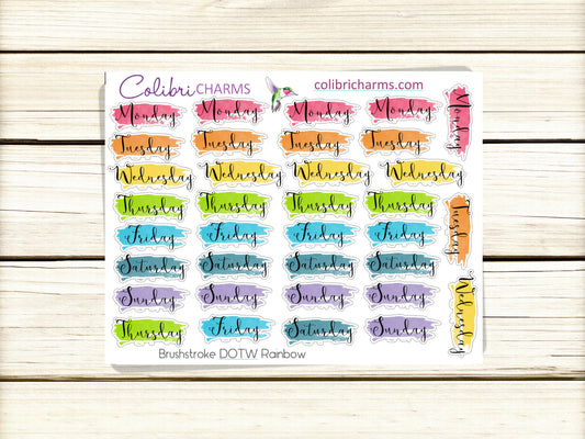 Brushstroke Days of the Week Planner Stickers in Rainbow | Watercolor DOTW Stickers | Script Daily Stickers | Date Dots | Date Stickers