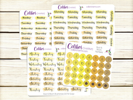 Buzz & Bloom Brushstroke Days of the Week Planner Stickers, Yellow Watercolor DOTW, Number Stickers, Date Dots