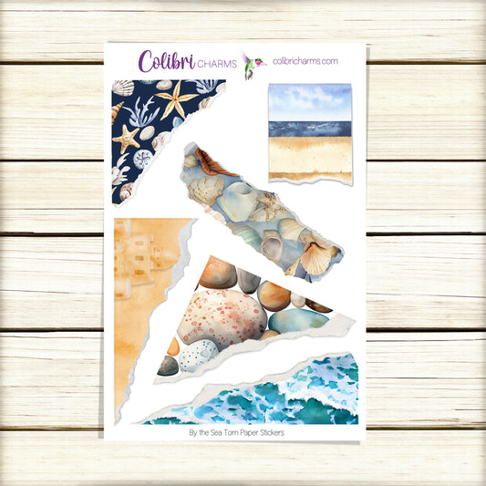 By the Sea Torn Paper Stickers | Seaside Deco Planner Stickers | Beach Distressed Ripped Paper