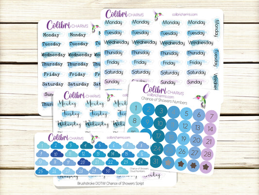 Blue Brushstroke Days of the Week Planner Stickers | Clouds Date Dots | Chance of Showers Watercolor DOTW Stickers | Number Stickers | Date Stickers