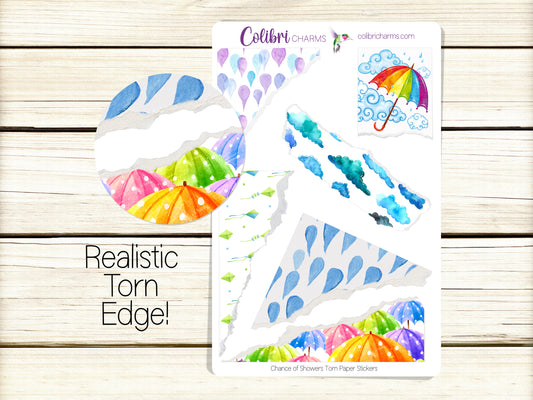 Chance of Showers Torn Paper Stickers, Weather Deco Planner Stickers, Distressed Ripped Paper