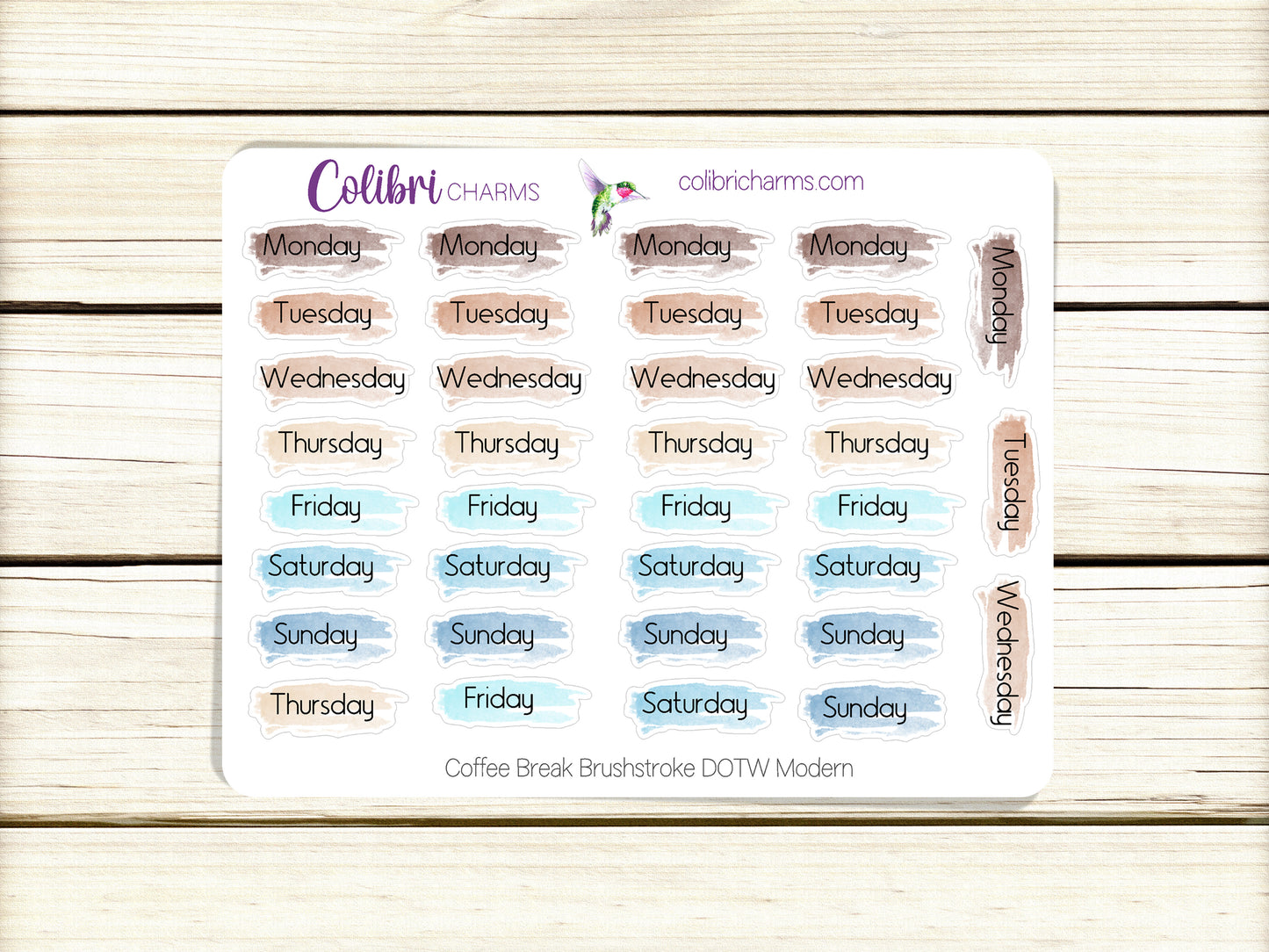 Coffee Break Brushstroke Days of the Week Planner Stickers, Colorful Watercolor DOTW, Number Stickers, Date Dots