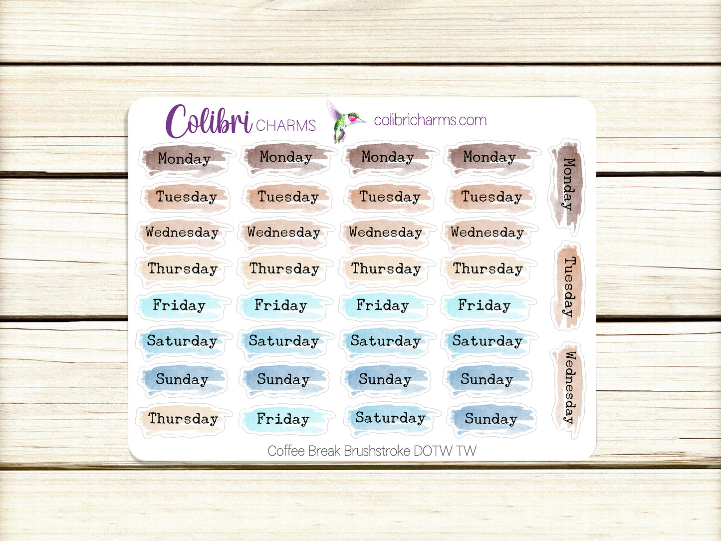 Coffee Break Brushstroke Days of the Week Planner Stickers, Colorful Watercolor DOTW, Number Stickers, Date Dots