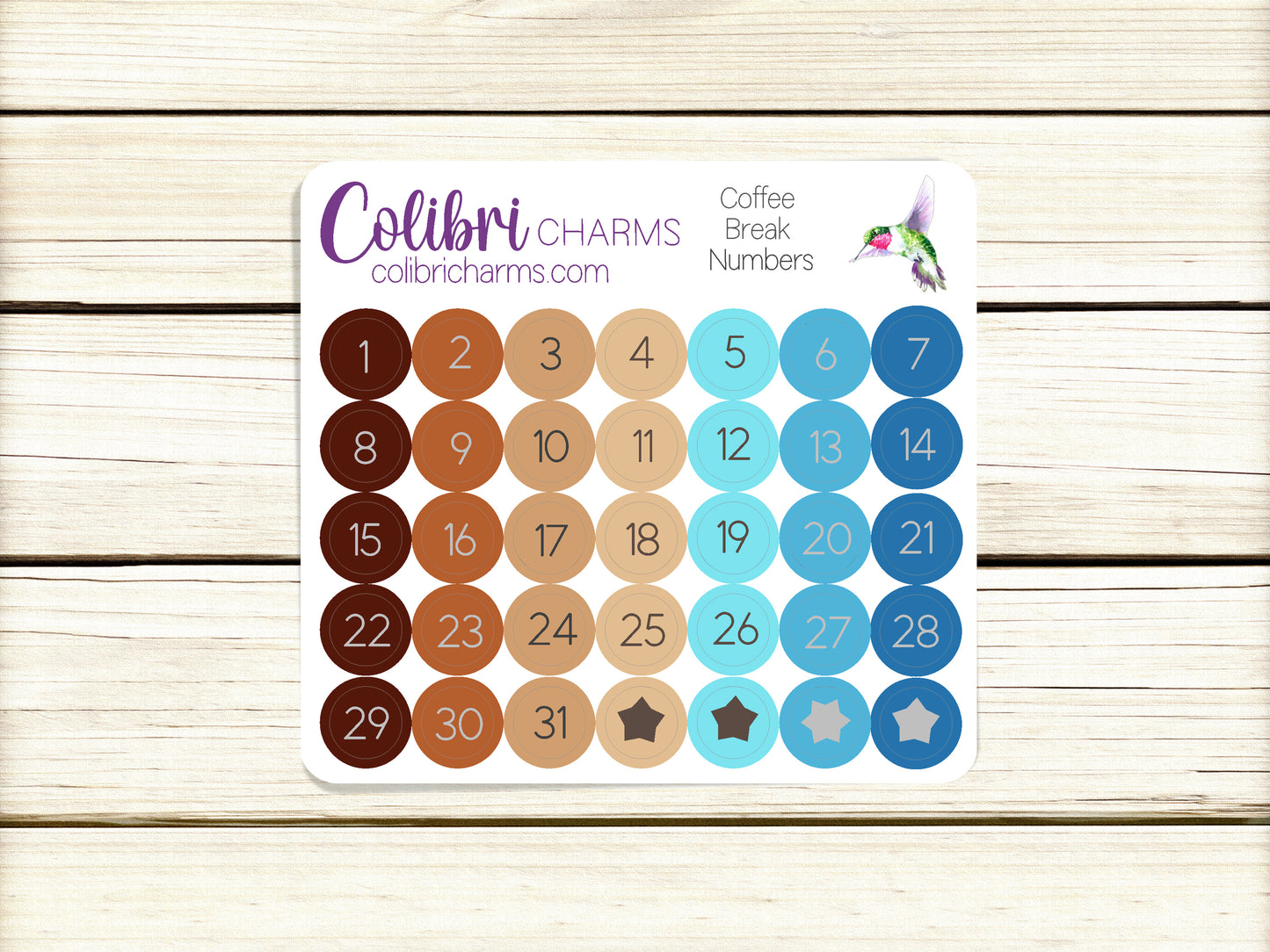Coffee Break Brushstroke Days of the Week Planner Stickers, Colorful Watercolor DOTW, Number Stickers, Date Dots