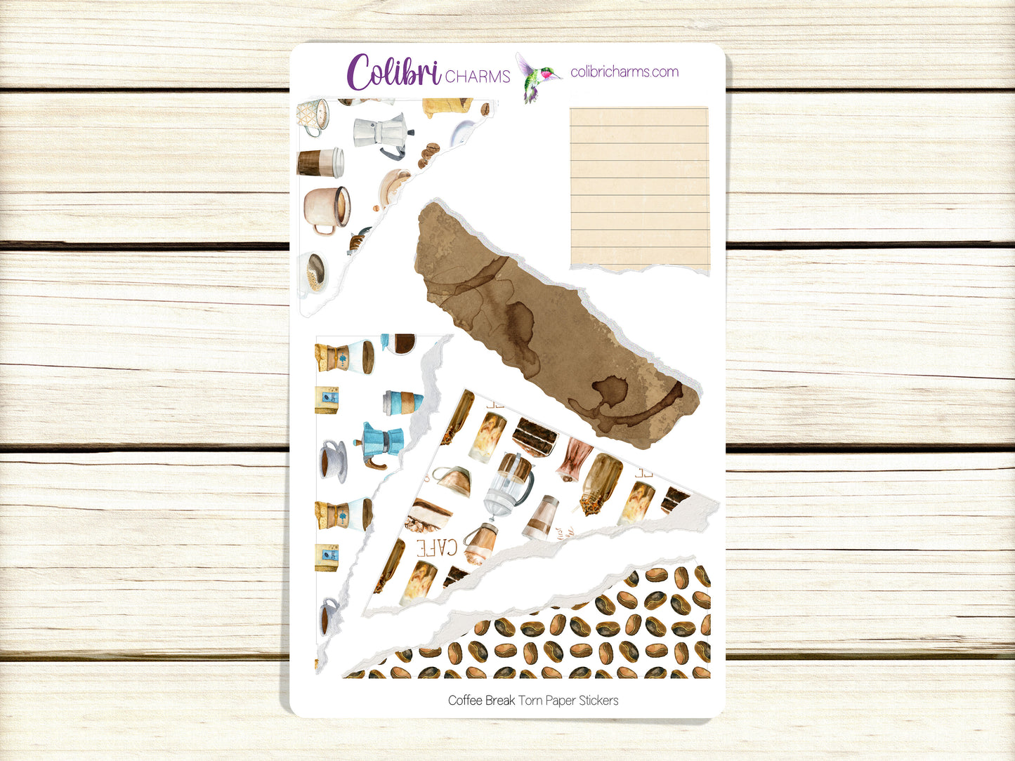 Coffee Break Torn Paper Stickers, Caffeine Deco Planner Stickers, Distressed Ripped Paper