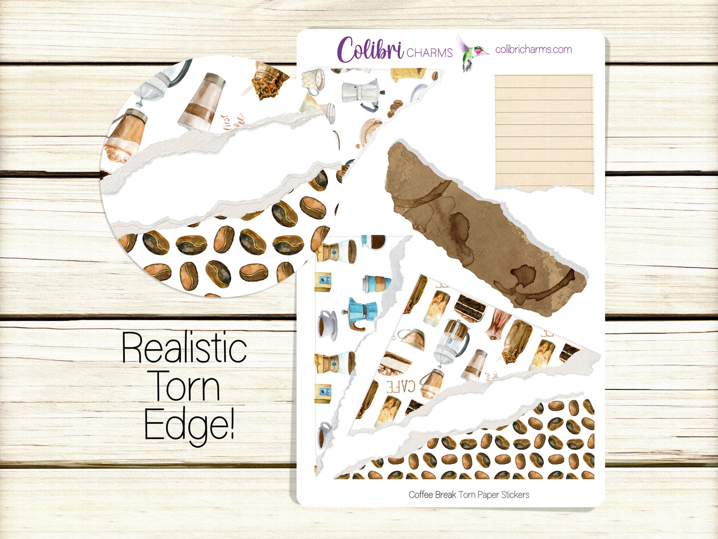Coffee Break Torn Paper Stickers, Caffeine Deco Planner Stickers, Distressed Ripped Paper