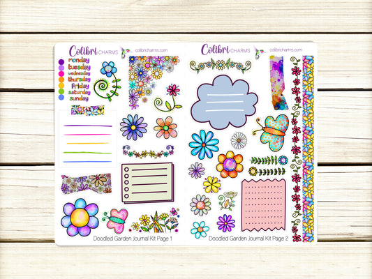 Doodled Garden Journal Kit | Planner  Stickers | Whimsical Floral Journaling | Hand Drawn Bujo Kit | Seasonal Planner Stickers