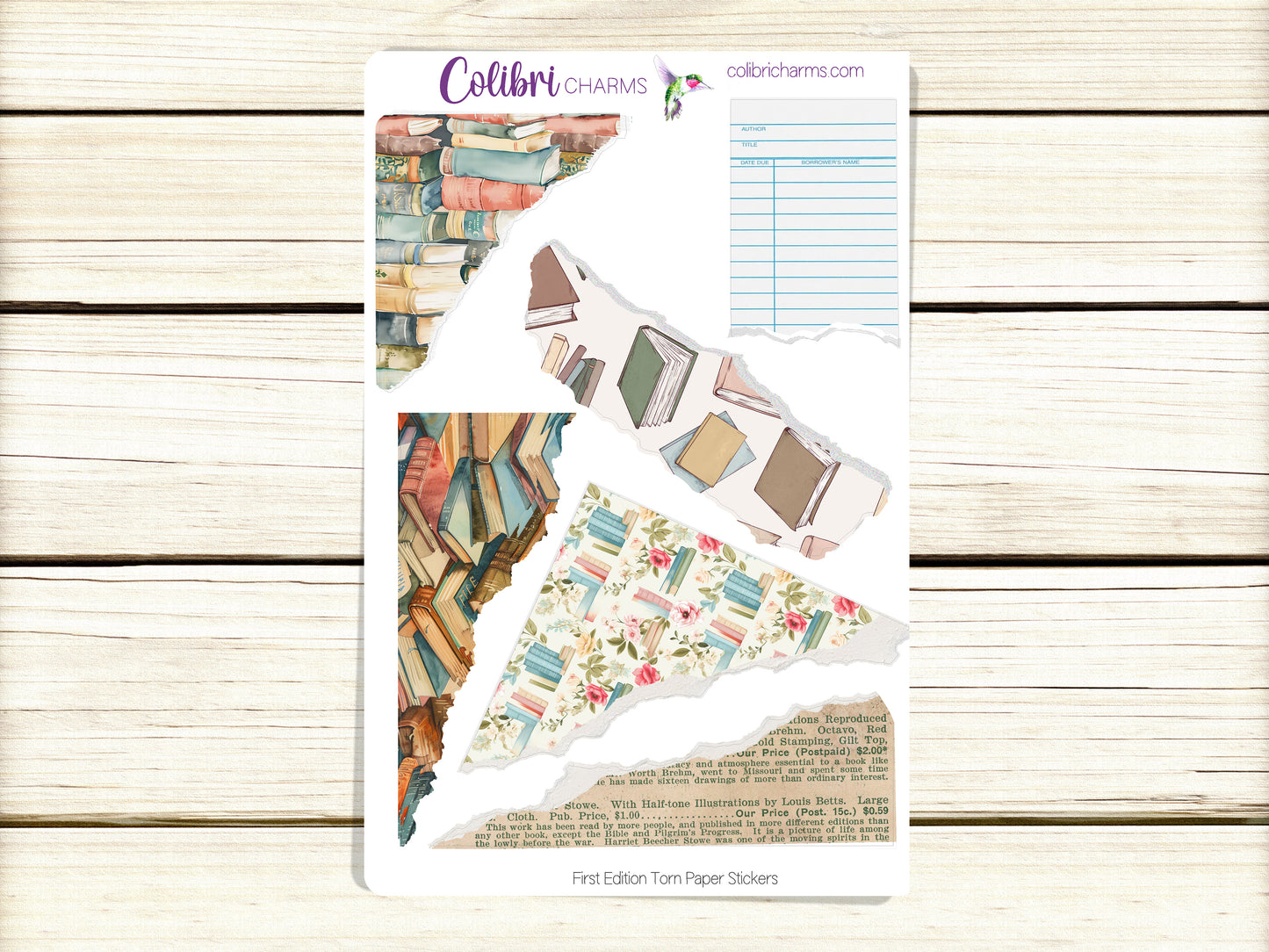 Book Journal Stickers, First Edition Torn Paper, Reading Deco Planner Stickers,  Distressed Ripped Paper