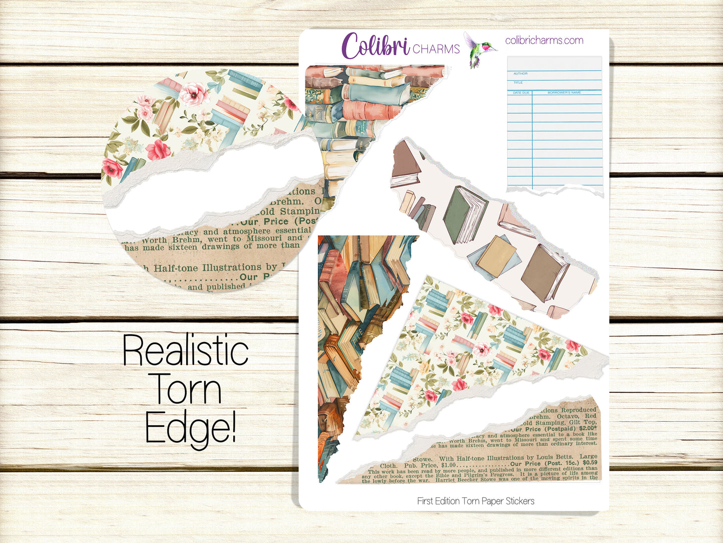 Book Journal Stickers, First Edition Torn Paper, Reading Deco Planner Stickers,  Distressed Ripped Paper