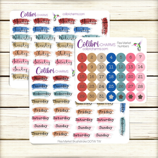 Flea Market Brushstroke Days of the Week Planner Stickers | Vintage Watercolor DOTW | Number Stickers | Date Dots