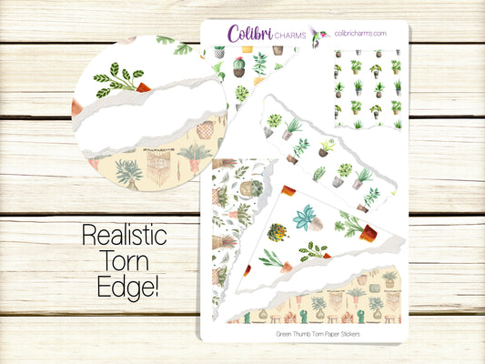 Green Thumb Torn Paper Stickers, Plant Lover Deco Planner Stickers, Distressed Ripped Paper