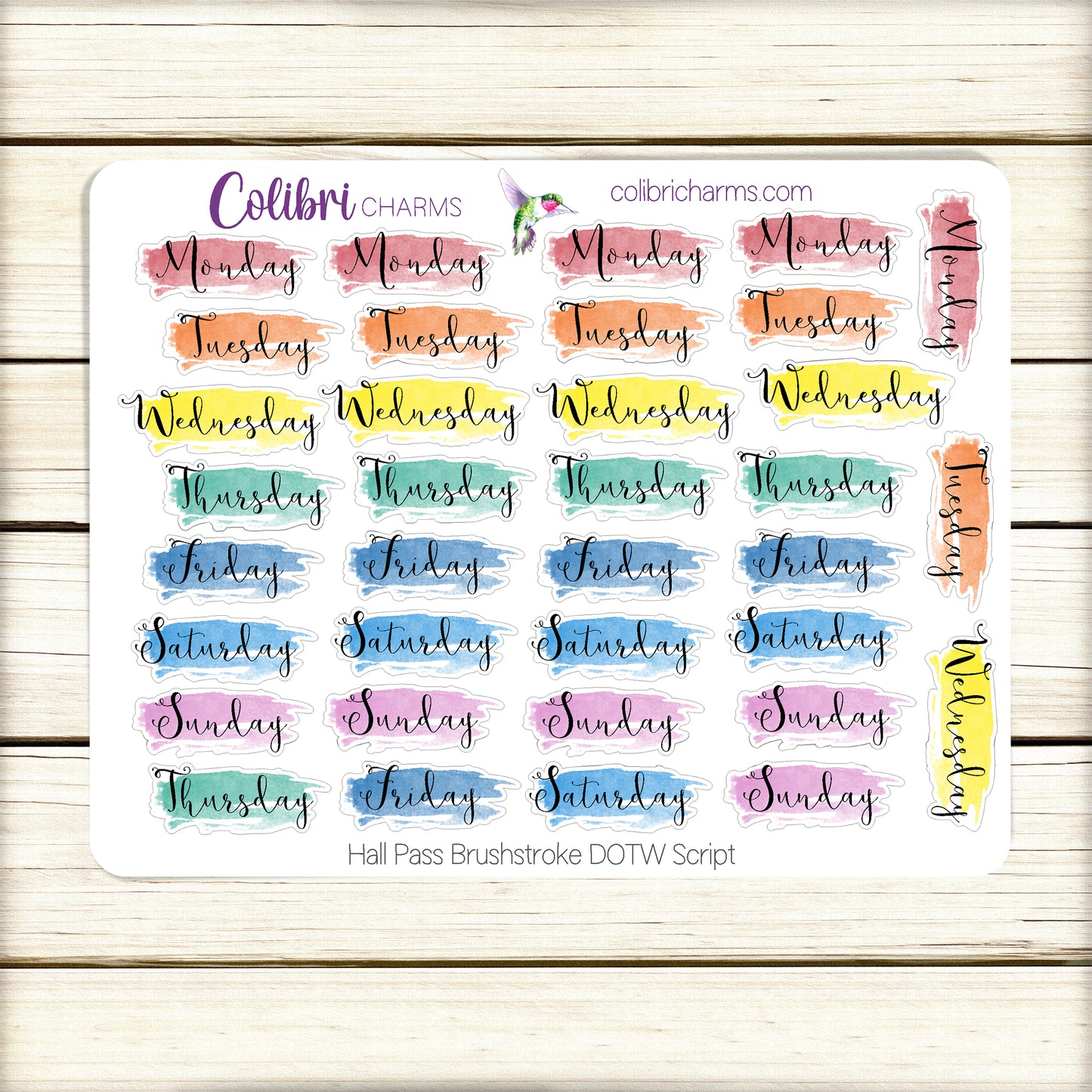Hall Pass Brushstroke Days of the Week Planner Stickers | Colorful Watercolor DOTW | Number Stickers | Date Dots