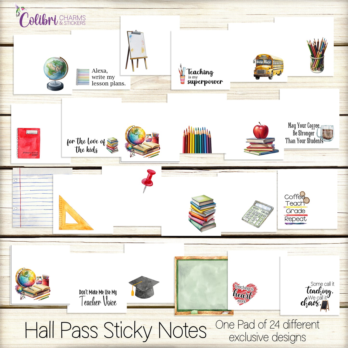 Hall Pass Post Its | Pad of 24 Teacher Sticky Notes | Teacher Appreciation Gift | Seasonal Planner Stickies