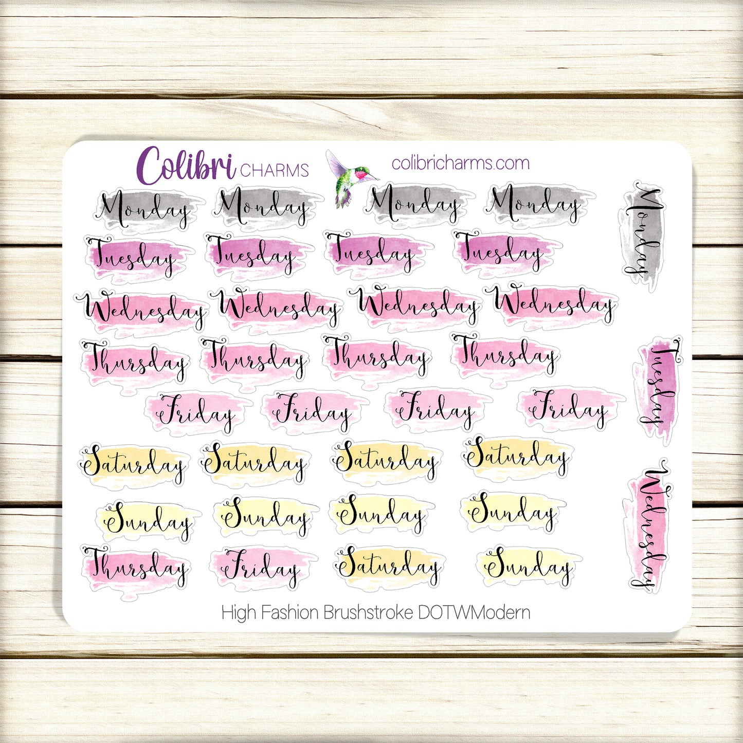 High Fashion Brushstroke Days of the Week Planner Stickers | Colorful Watercolor DOTW | Number Stickers | Date Dots