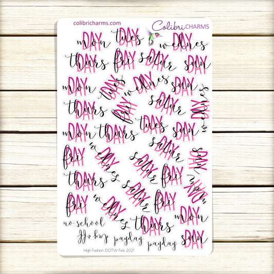 Days of the Week Planner Stickers | High Fashion DOTW Stickers | Pink and Black Daily Stickers | Seasonal Planner Stickers