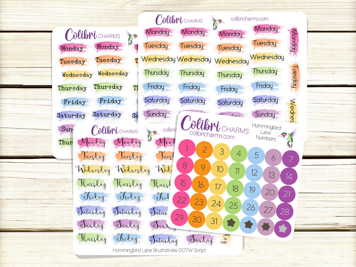 Hummingbird Lane Brushstroke Days of the Week Planner Stickers | Colorful Watercolor DOTW | Number Stickers | Date Dots
