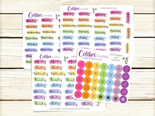 Hummingbird Lane Brushstroke Days of the Week Planner Stickers | Colorful Watercolor DOTW | Number Stickers | Date Dots