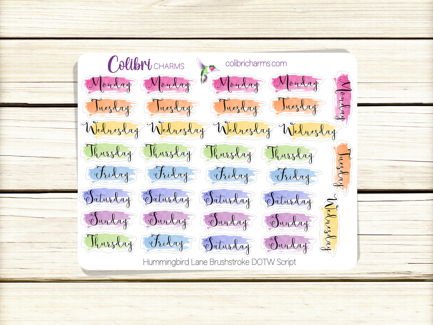 Hummingbird Lane Brushstroke Days of the Week Planner Stickers | Colorful Watercolor DOTW | Number Stickers | Date Dots