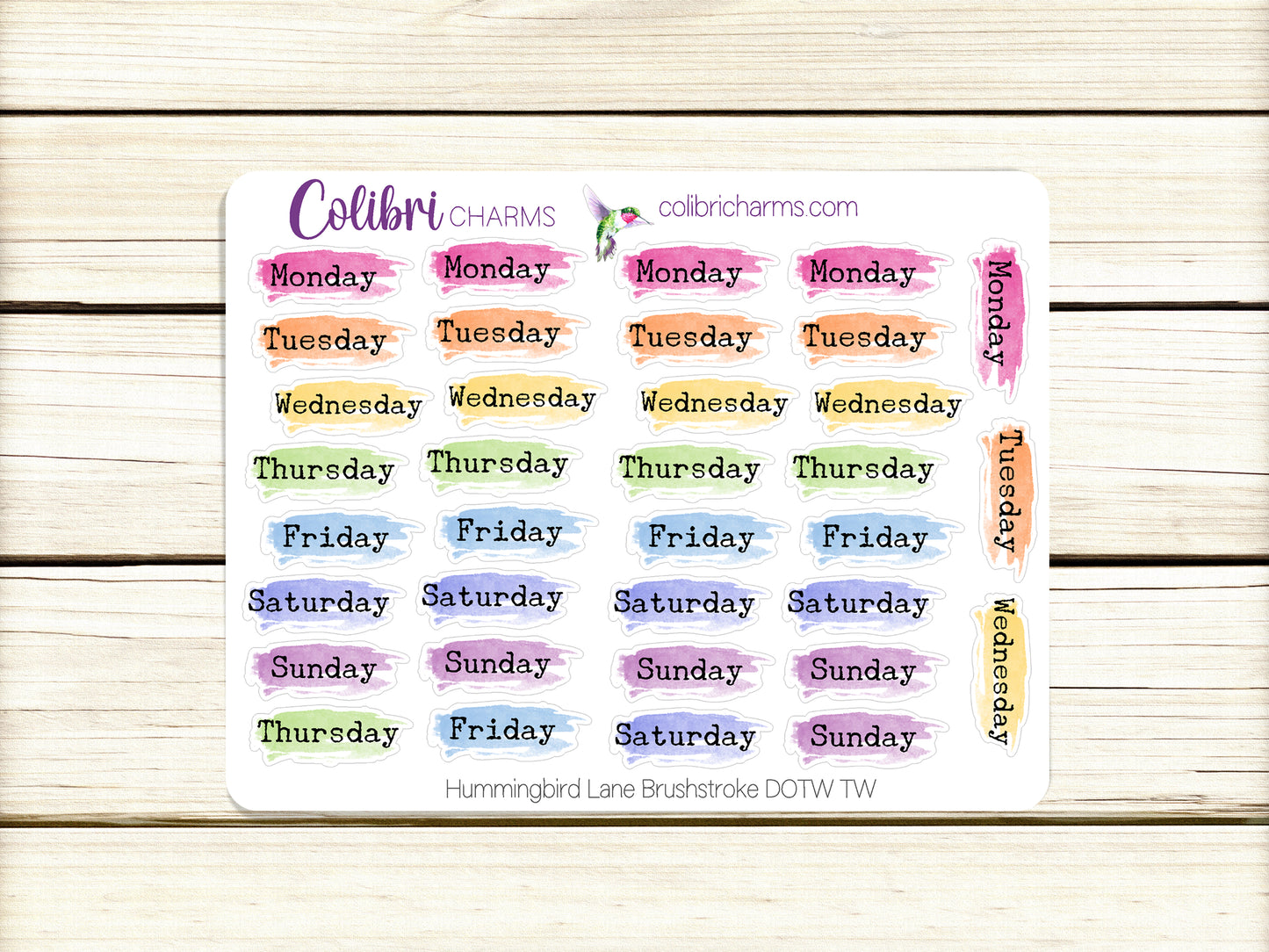 Hummingbird Lane Brushstroke Days of the Week Planner Stickers | Colorful Watercolor DOTW | Number Stickers | Date Dots