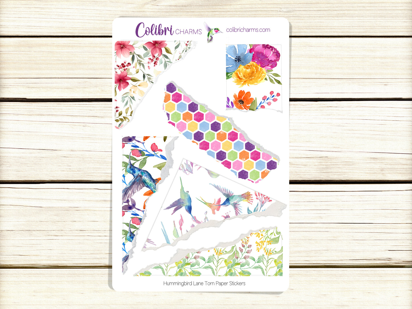 Hummingbird Lane Torn Paper Stickers | Floral Deco Planner Stickers | Distressed Ripped Paper