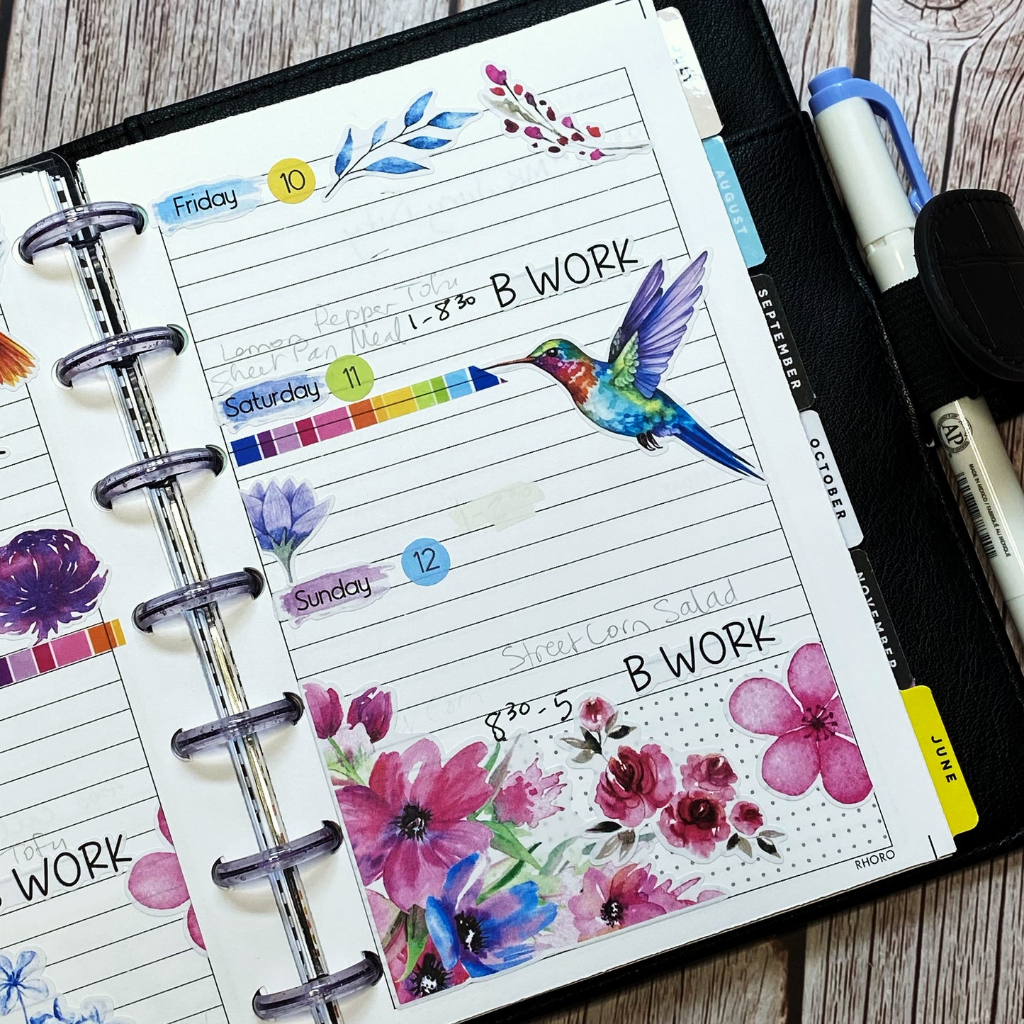 Hummingbird Lane Brushstroke Days of the Week Planner Stickers | Colorful Watercolor DOTW | Number Stickers | Date Dots