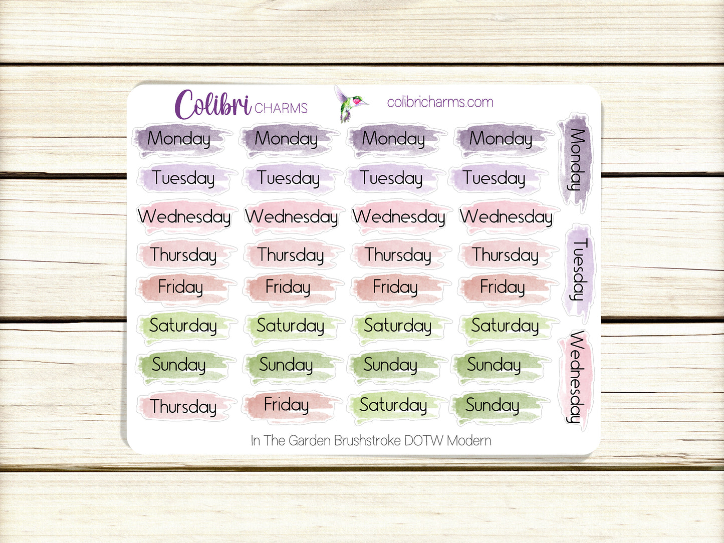In the Garden Brushstroke Days of the Week Planner Stickers | Watercolor DOTW Stickers | Script Daily Stickers | Date Dots | Date Stickers