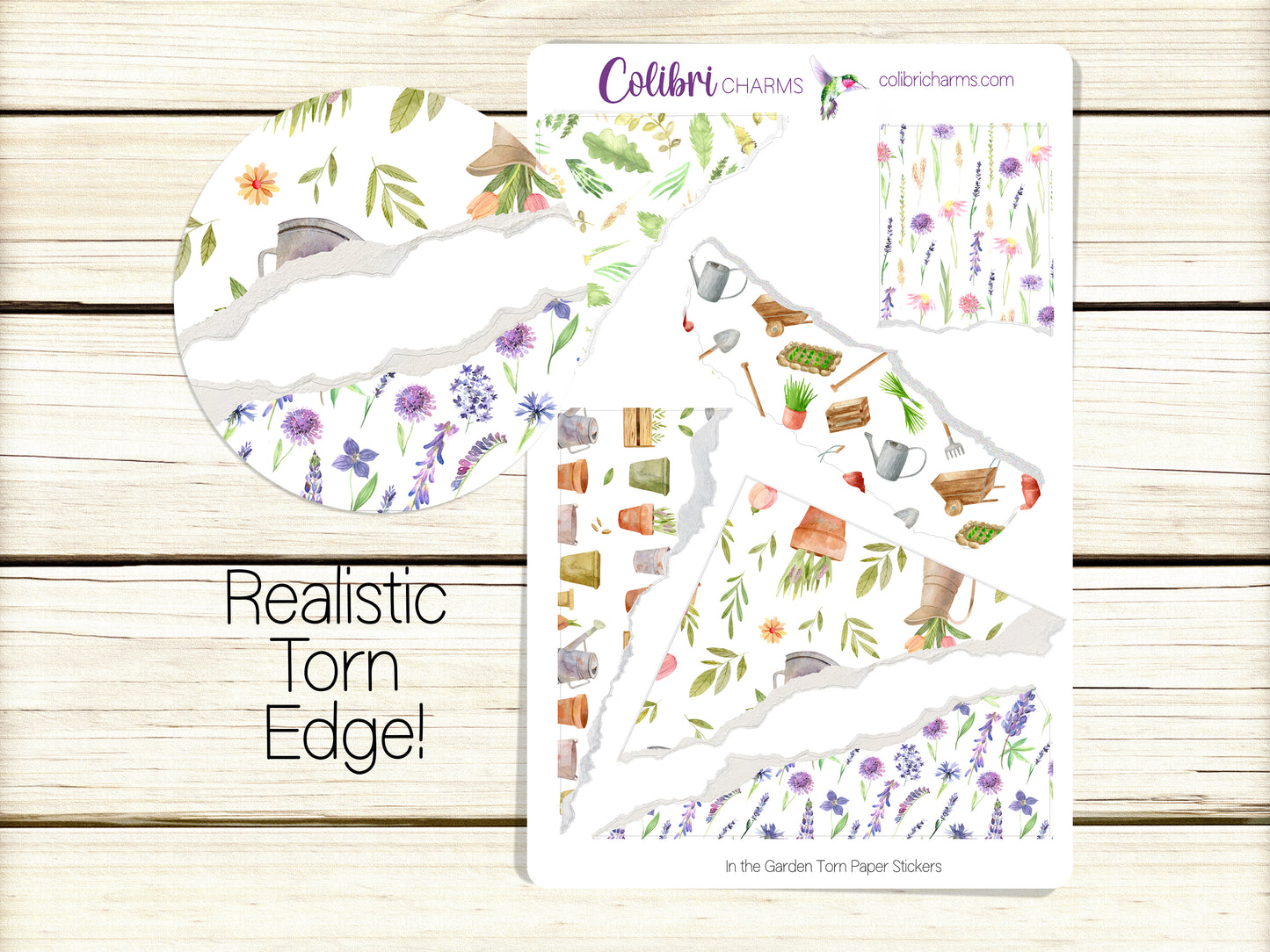 In the Garden Torn Paper Stickers, Gardening Deco Planner Stickers, Distressed Ripped Paper