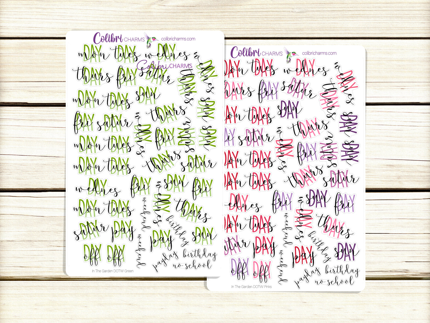 In the Garden Days of the Week Planner Stickers | Green DOTW Stickers | Pink and Purple Day Stickers | Seasonal Planner Stickers