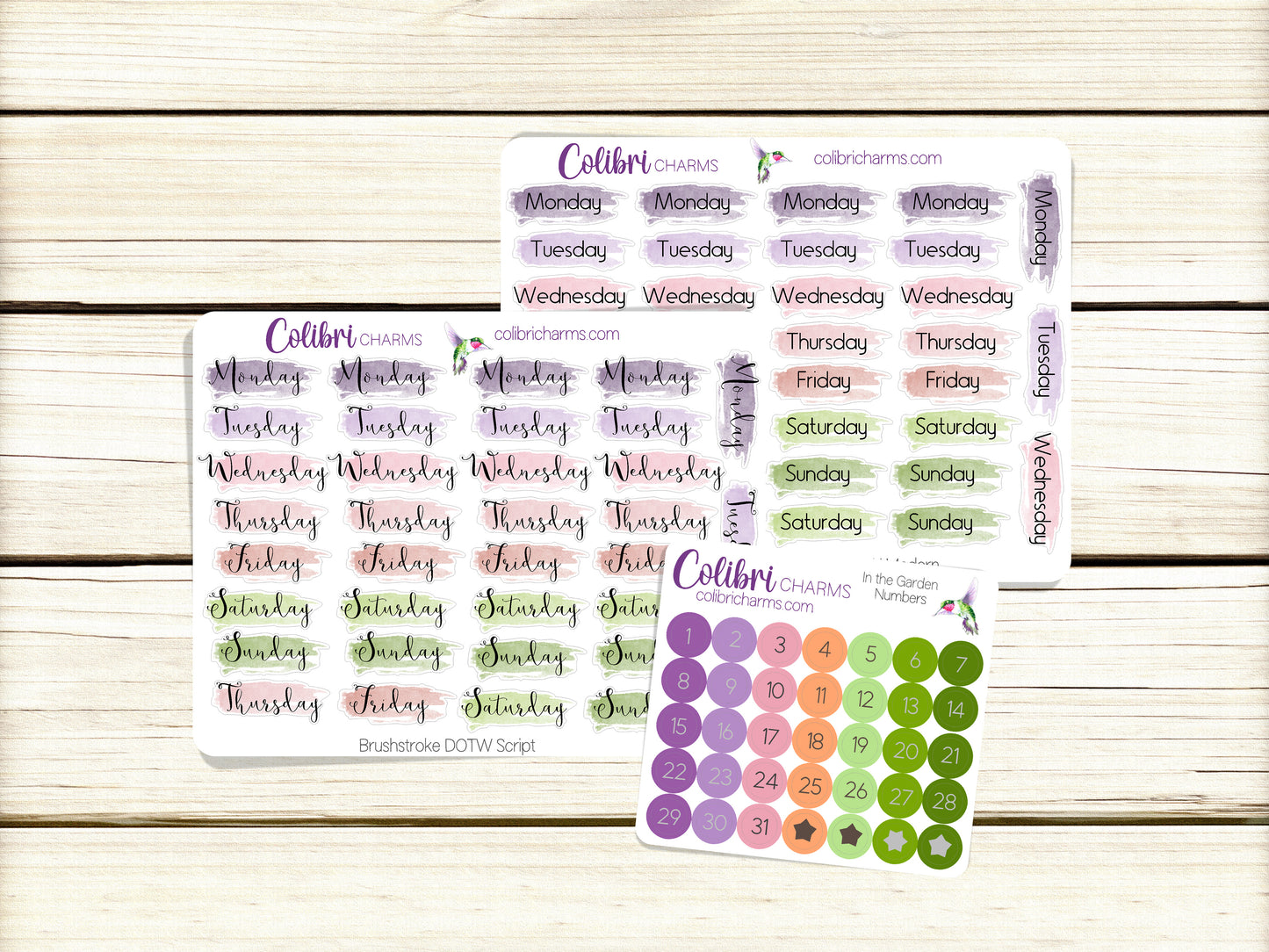 In the Garden Brushstroke Days of the Week Planner Stickers | Watercolor DOTW Stickers | Script Daily Stickers | Date Dots | Date Stickers