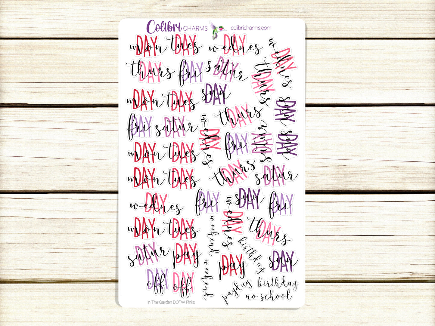 In the Garden Days of the Week Planner Stickers | Green DOTW Stickers | Pink and Purple Day Stickers | Seasonal Planner Stickers