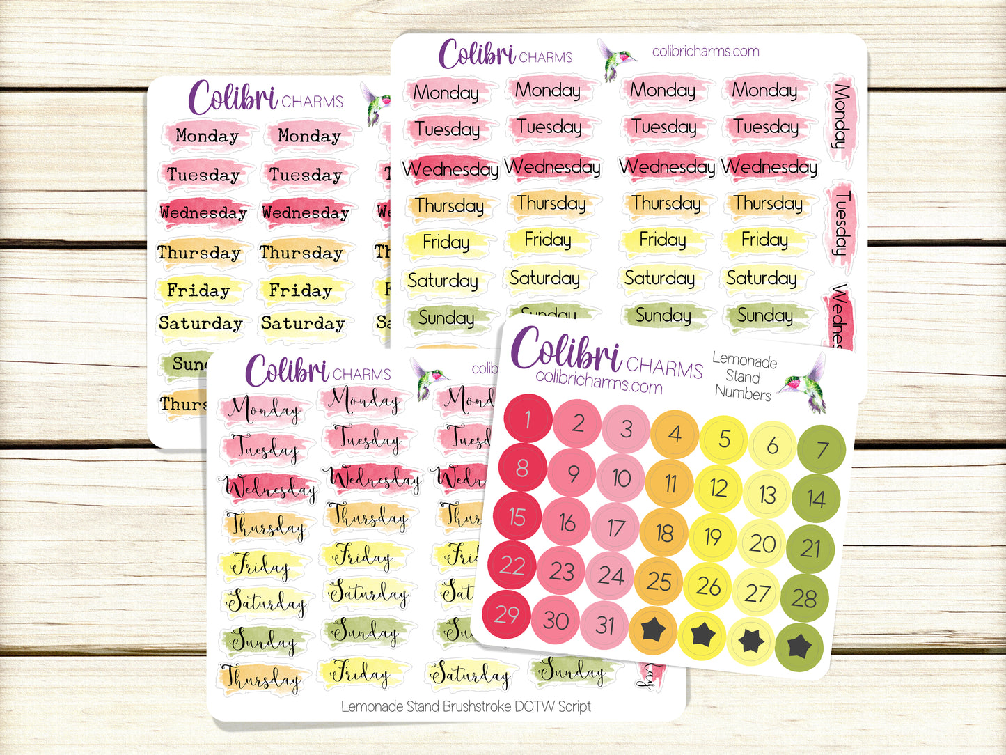 Lemonade Stand Brushstroke Days of the Week Planner Stickers | Colorful Watercolor DOTW | Number Stickers | Date Dots