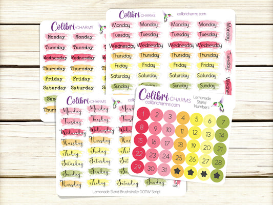 Lemonade Stand Brushstroke Days of the Week Planner Stickers | Colorful Watercolor DOTW | Number Stickers | Date Dots