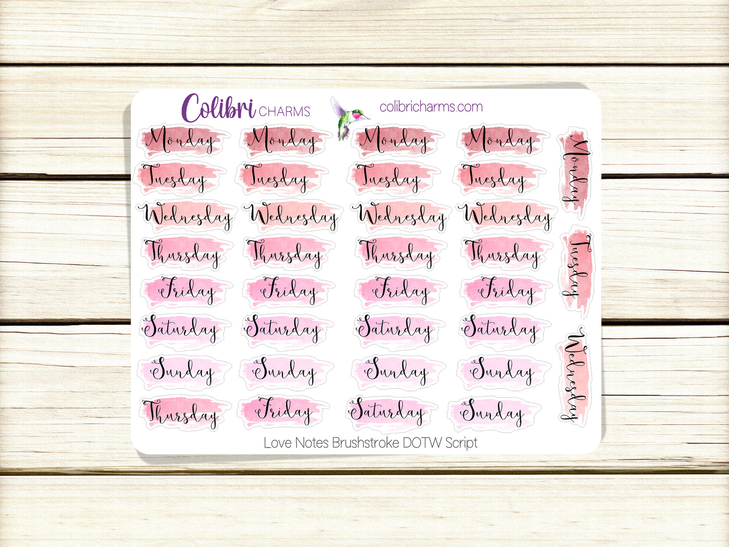 Love Notes Brushstroke Days of the Week Planner Stickers, Pink Valentine Watercolor DOTW, Number Stickers, Date Dots