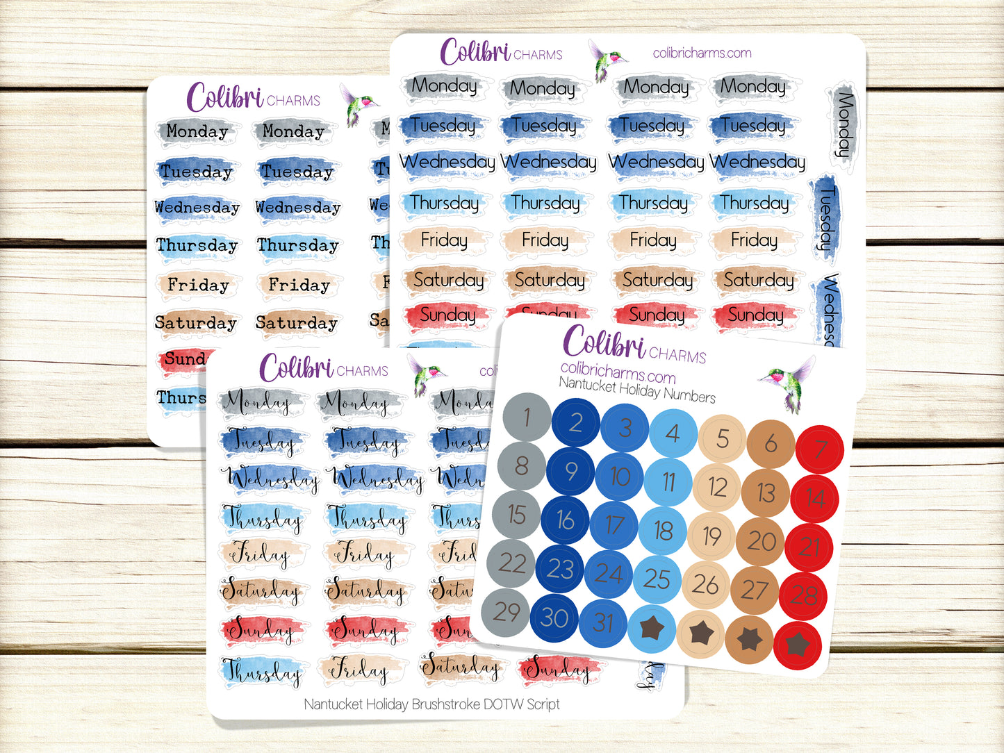 Nantucket Holiday Brushstroke Days of the Week Planner Stickers | Independence Day Watercolor DOTW | Number Stickers | Date Dots