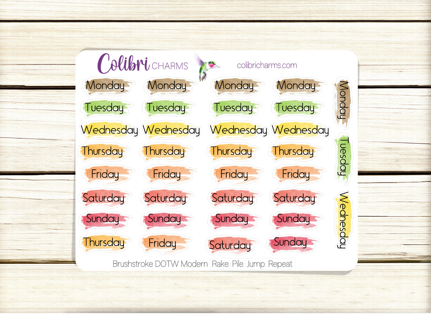 Rake. Pile. Jump. Repeat. Brushstroke Days of the Week Planner Stickers, Colorful Watercolor DOTW, Number Stickers, Date Dots