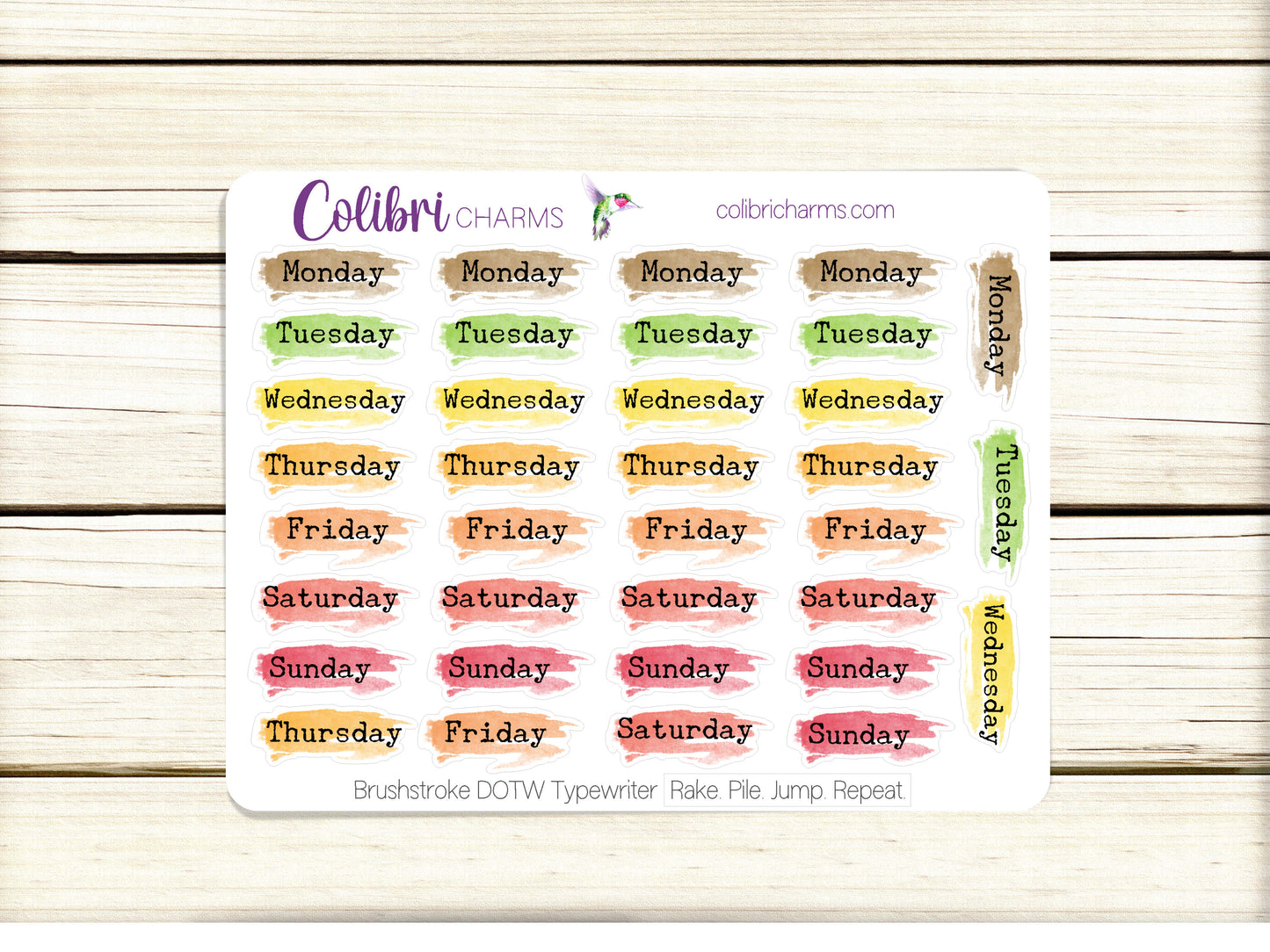 Rake. Pile. Jump. Repeat. Brushstroke Days of the Week Planner Stickers, Colorful Watercolor DOTW, Number Stickers, Date Dots