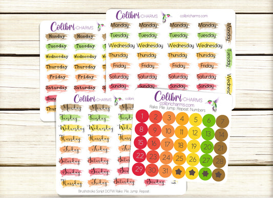 Rake. Pile. Jump. Repeat. Brushstroke Days of the Week Planner Stickers, Colorful Watercolor DOTW, Number Stickers, Date Dots