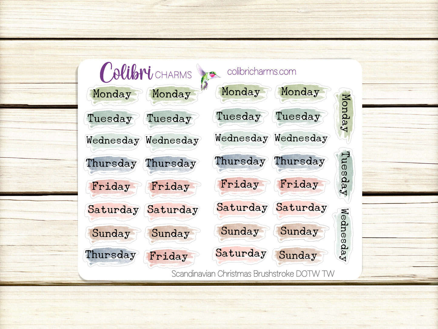Scandinavian Christmas Brushstroke Days of the Week Planner Stickers, Colorful Watercolor DOTW, Number Stickers, Date Dots
