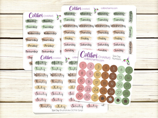 Spa Day Brushstroke Days of the Week Planner Stickers | Colorful Watercolor DOTW | Number Stickers | Date Dots