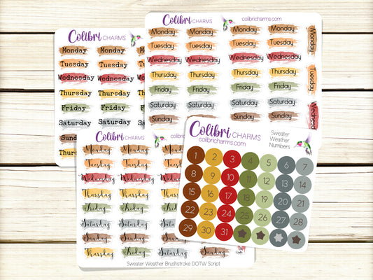 Sweater Weather Brushstroke Days of the Week Planner Stickers | Colorful Watercolor DOTW | Number Stickers | Date Dots