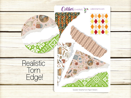 Sweater Weather Torn Paper Stickers | Autumn Deco Planner Stickers | Distressed Ripped Paper